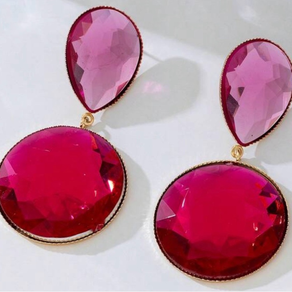 New Pink and Gold Geometric Circular Crystal Drop Earrings
